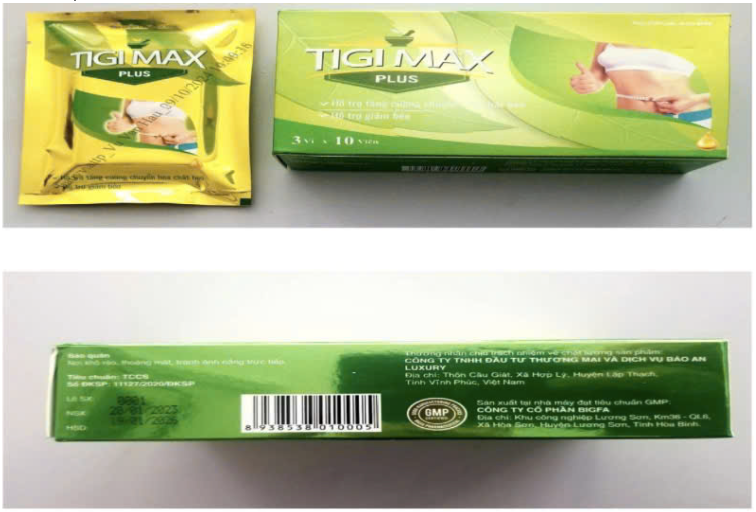 Viên uống giảm cân cấp tốc Tigi Max Plus do Công ty CP BIGFA sản xuất có chứa chất cấm